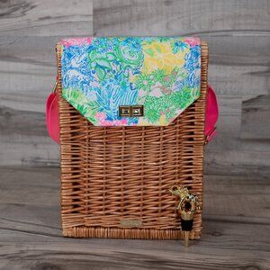 Lilly Pulitzer Wicker Picnic basket and Gold Elephant Bottle Stopper